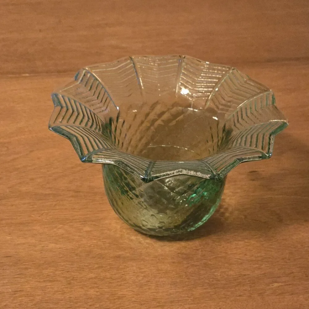 Vintage Green Glass Bowl Vase Patterned Base Flared Rippled Rim, 3 X 5.5